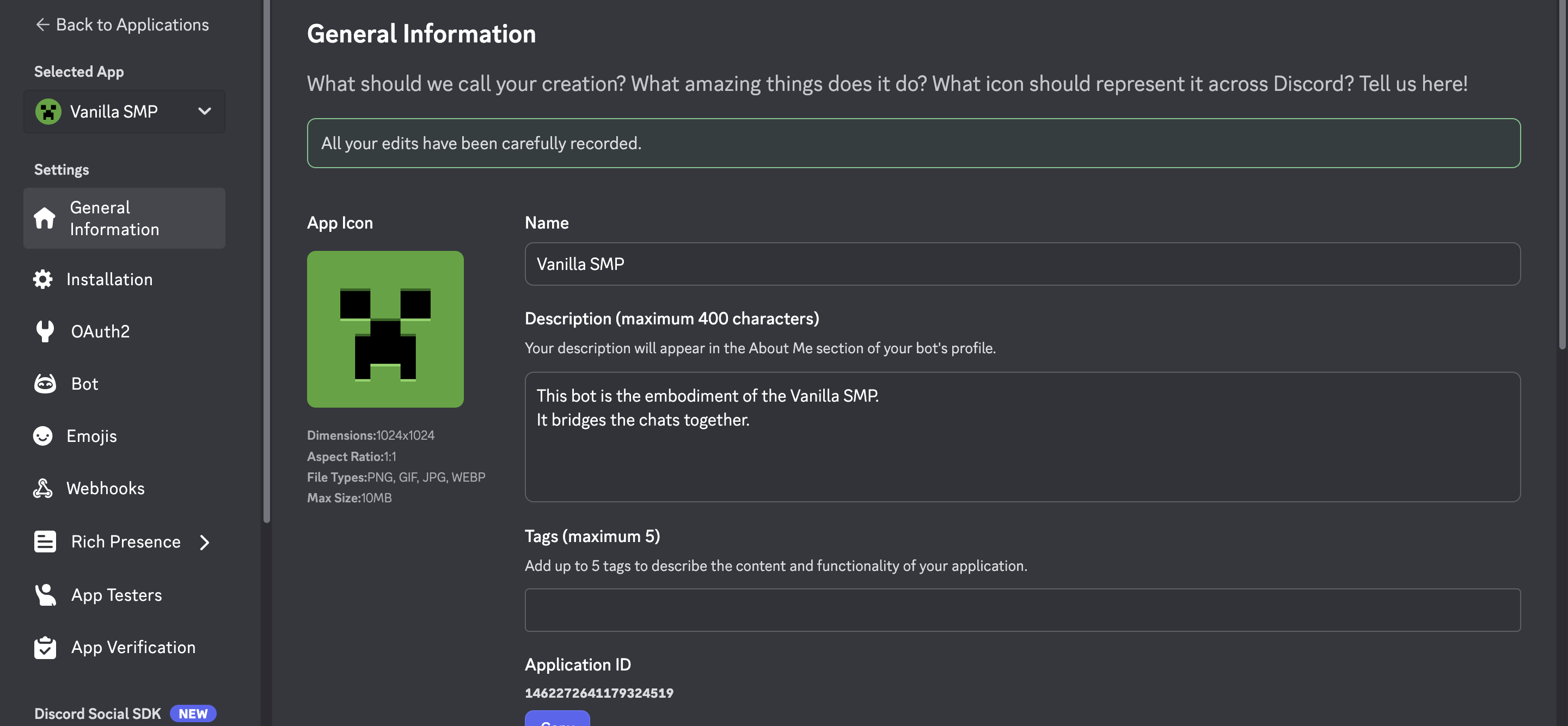 General Information Tab in the Discord Developer Portal